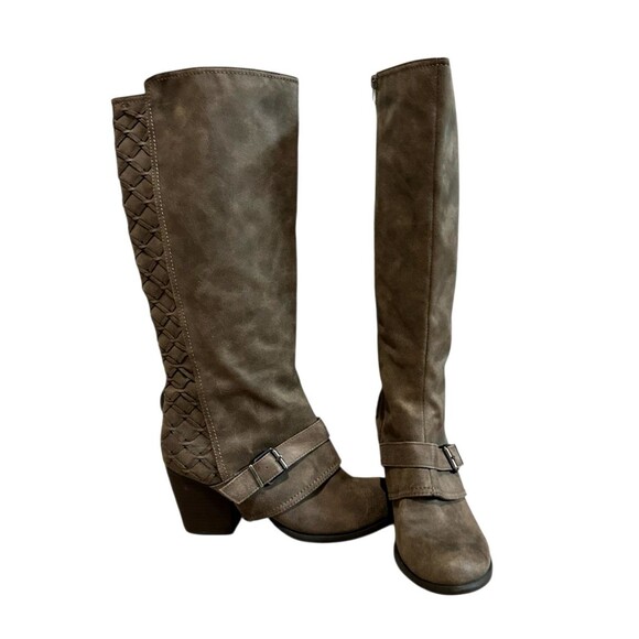 Fergalicious Boots by Fergie Larissa 8.5 M brown chunk heel braided back knee hi - Picture 4 of 16